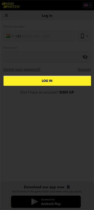 Click on the log in button on the login page on the parimatch web site.